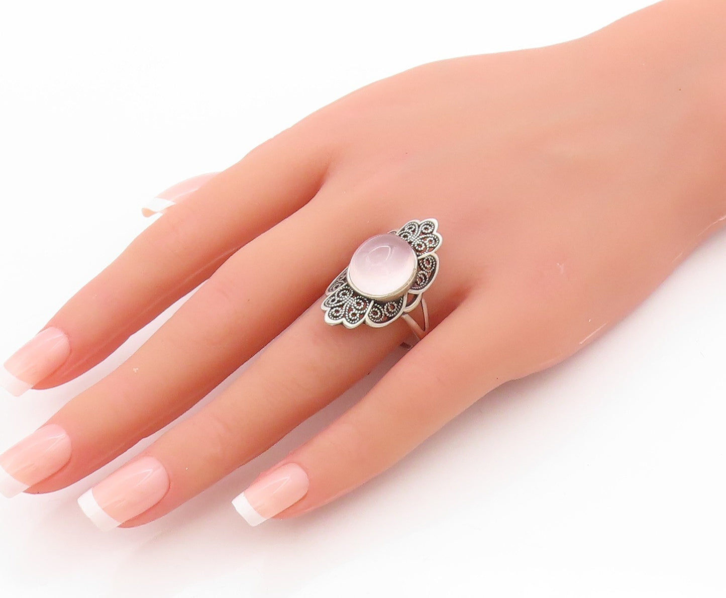 925 Sterling Silver Vintage Ring EUROPE Cabochon Gemstone Carved  Sz 12  RG32879