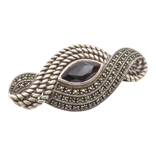JUDITH JACK 925 Silver Vintage Black Spinel & Marcasite Brooch Pin  BP9148