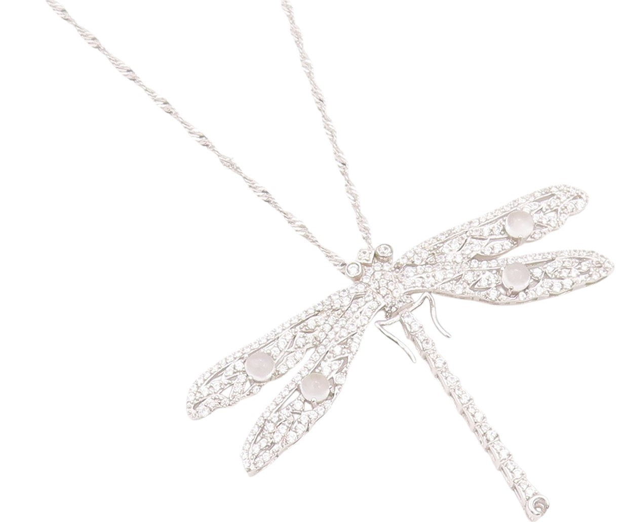 925 Sterling Silver Vintage Necklace Designer Cat's Eye & CZ Dragonfly  NE4521