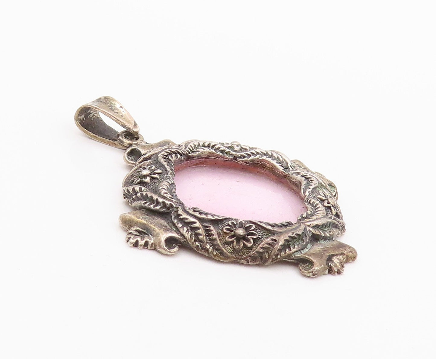 925 Sterling Silver Vintage Pendant Antique Dark Tone Floral Frame  PT24084