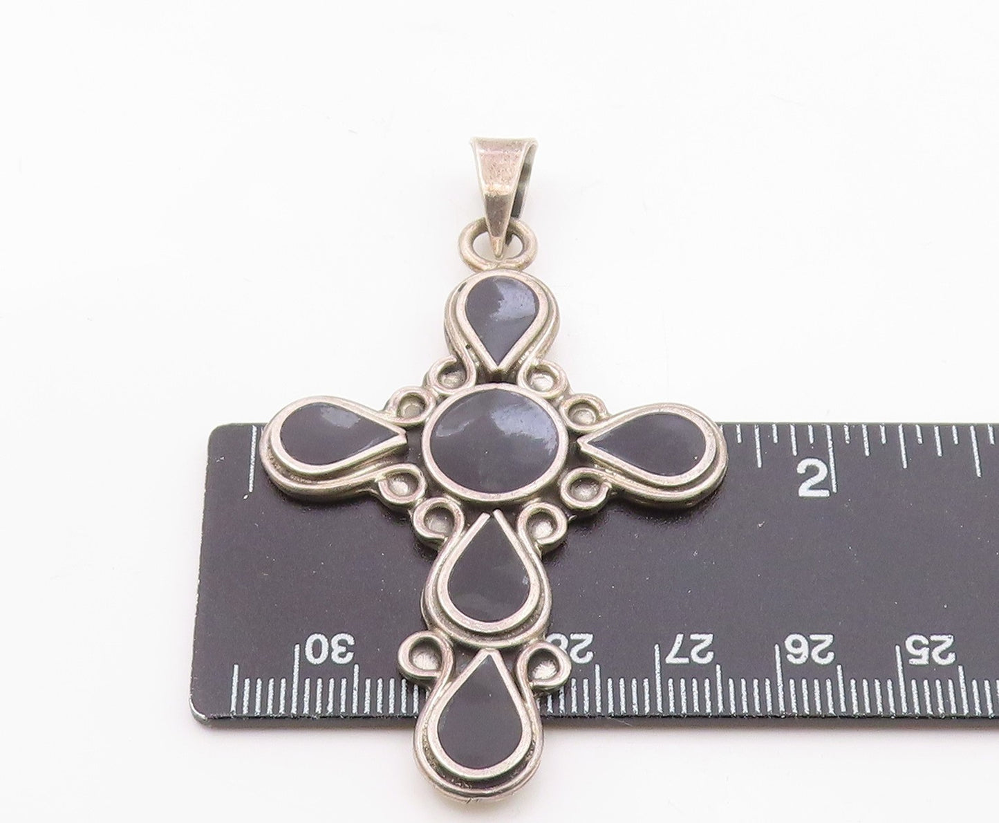MEXICO 925 Silver  Vintage Inlaid Black Onyx Religious Cross Pendant  PT20794