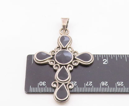 MEXICO 925 Silver  Vintage Inlaid Black Onyx Religious Cross Pendant  PT20794