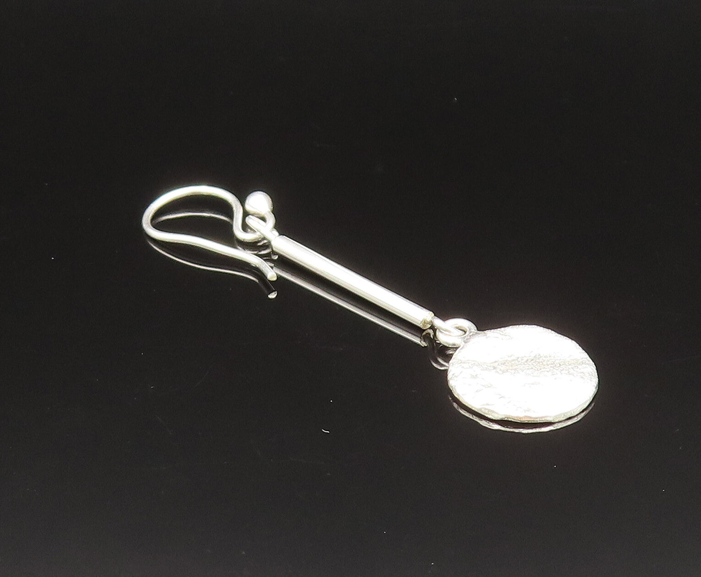 925 Sterling Silver  Vintage Polished Line Rough Disc Dangle Earrings  EG11718
