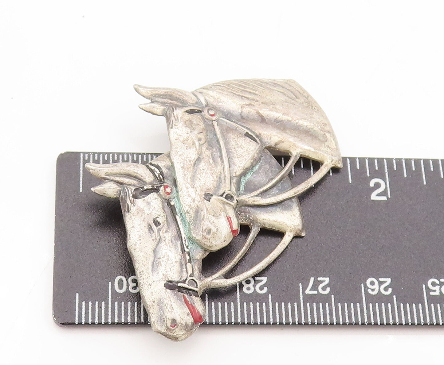 UNCAS 925 Silver  Vintage Antique Solid Carved Horse Faces Brooch Pin  BP10493