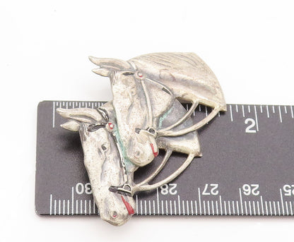 UNCAS 925 Silver  Vintage Antique Solid Carved Horse Faces Brooch Pin  BP10493