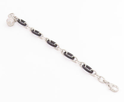 925 Sterling Silver Vintage Bracelet JUDITH RIPKA Onyx & CZ Oval Link  BT12226