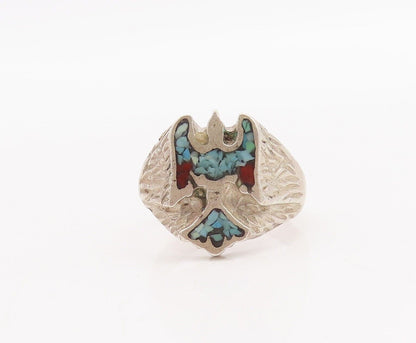 925 Sterling Silver Vintage Ring SOUTHWESTERN Bird Crush Turquoise Sz 8 RG28937