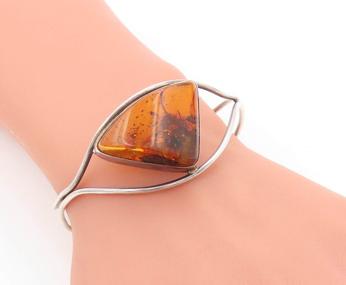 925 Sterling Silver Vintage Bracelet Designer Cutout Honey Amber Cuff  BT10943