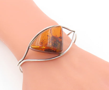 925 Sterling Silver Vintage Bracelet Designer Cutout Honey Amber Cuff  BT10943