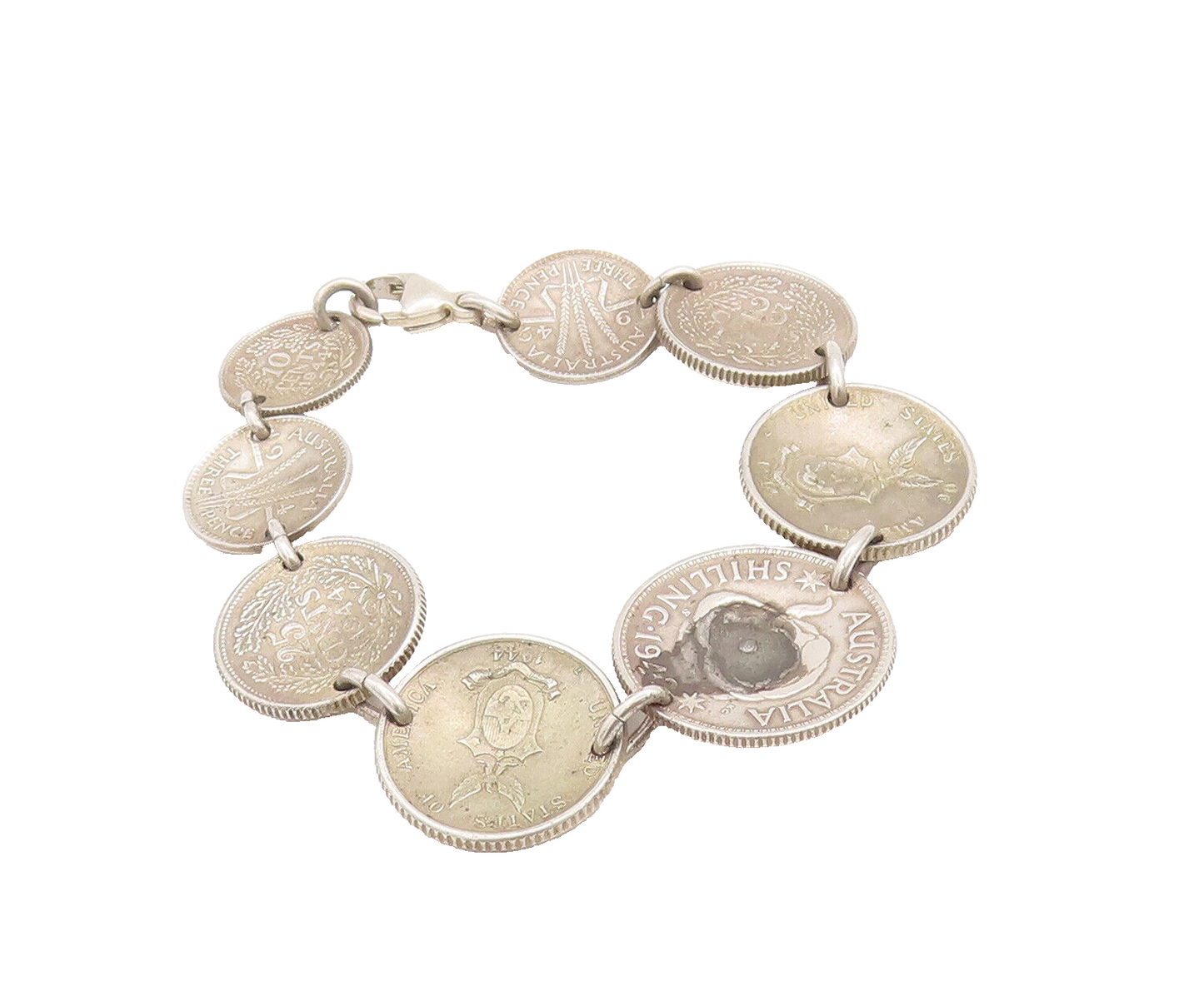 925 Sterling Silver Vintage Bracelet Solid Etched Australian Link Coins  BT10286