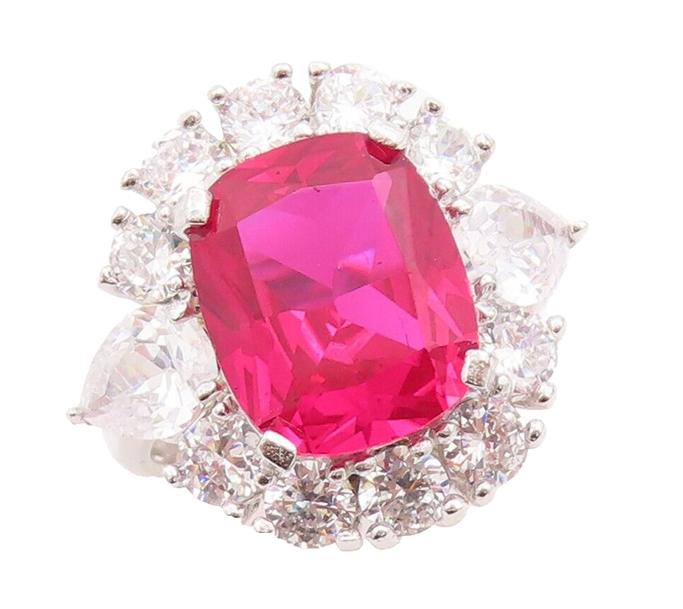 925 Sterling Silver Vintage Ring Rectangle Pink & White CZ Flower Sz 7  RG29605