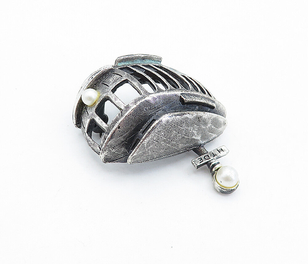 925 Sterling Silver  Vintage Dark Tone Pearl Trolley Car Brooch Pin  BP1613
