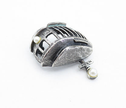 925 Sterling Silver  Vintage Dark Tone Pearl Trolley Car Brooch Pin  BP1613