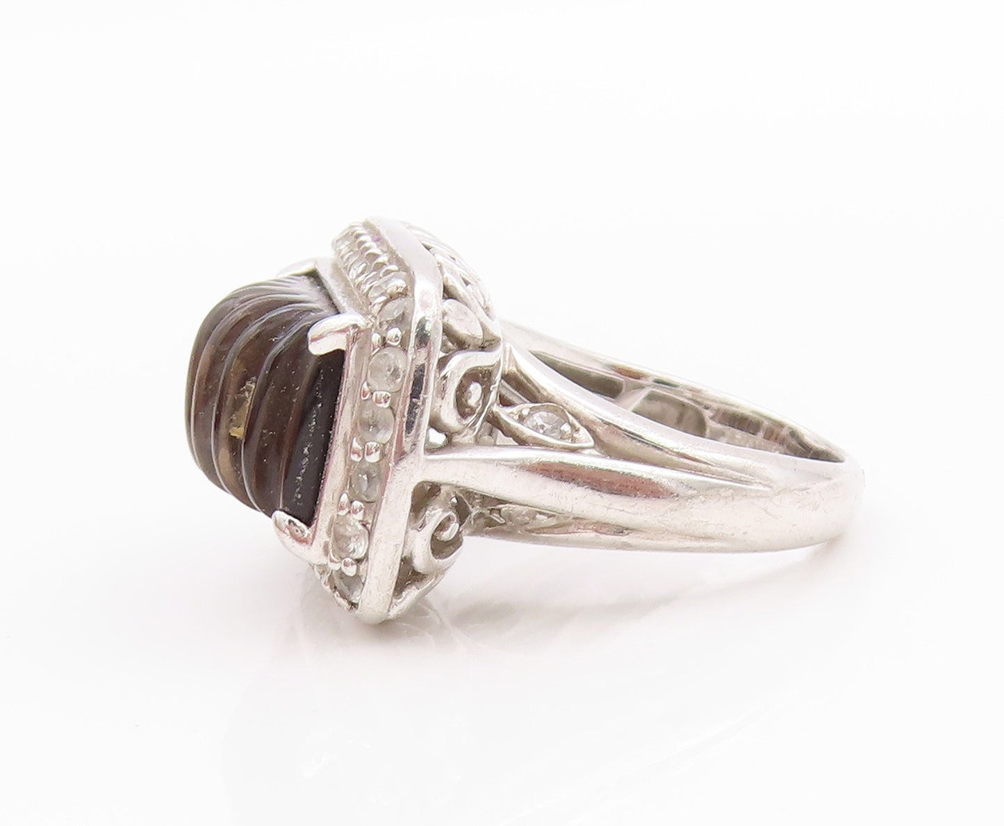 925 Sterling Silver Vintage Ring Modernist Grooved Gemstone  Sz 5  RG32501