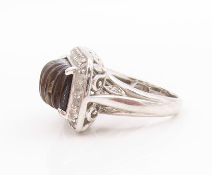 925 Sterling Silver Vintage Ring Modernist Grooved Gemstone  Sz 5  RG32501