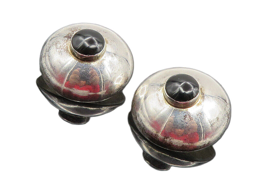MEXICO 925 Silver  Vintage Black Onyx Shiny Dome Non Pierce Earrings  EG4792