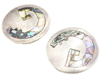 MEXICO 925 Silver  Vintage Inlaid Abalone Shell Round Drop Earrings  EG4588