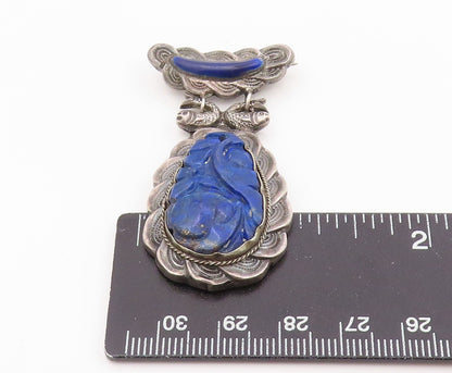 925 Sterling Silver Vintage Brooch Pin CHINESE EXPORT Lapis Lazuli  BP12532