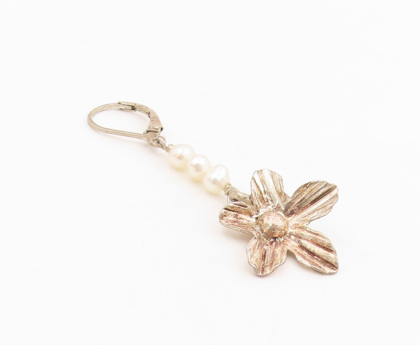 925 Sterling Silver Vintage Earrings Round Pearl Etched Floral Dangles  EG13804