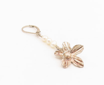 925 Sterling Silver Vintage Earrings Round Pearl Etched Floral Dangles  EG13804