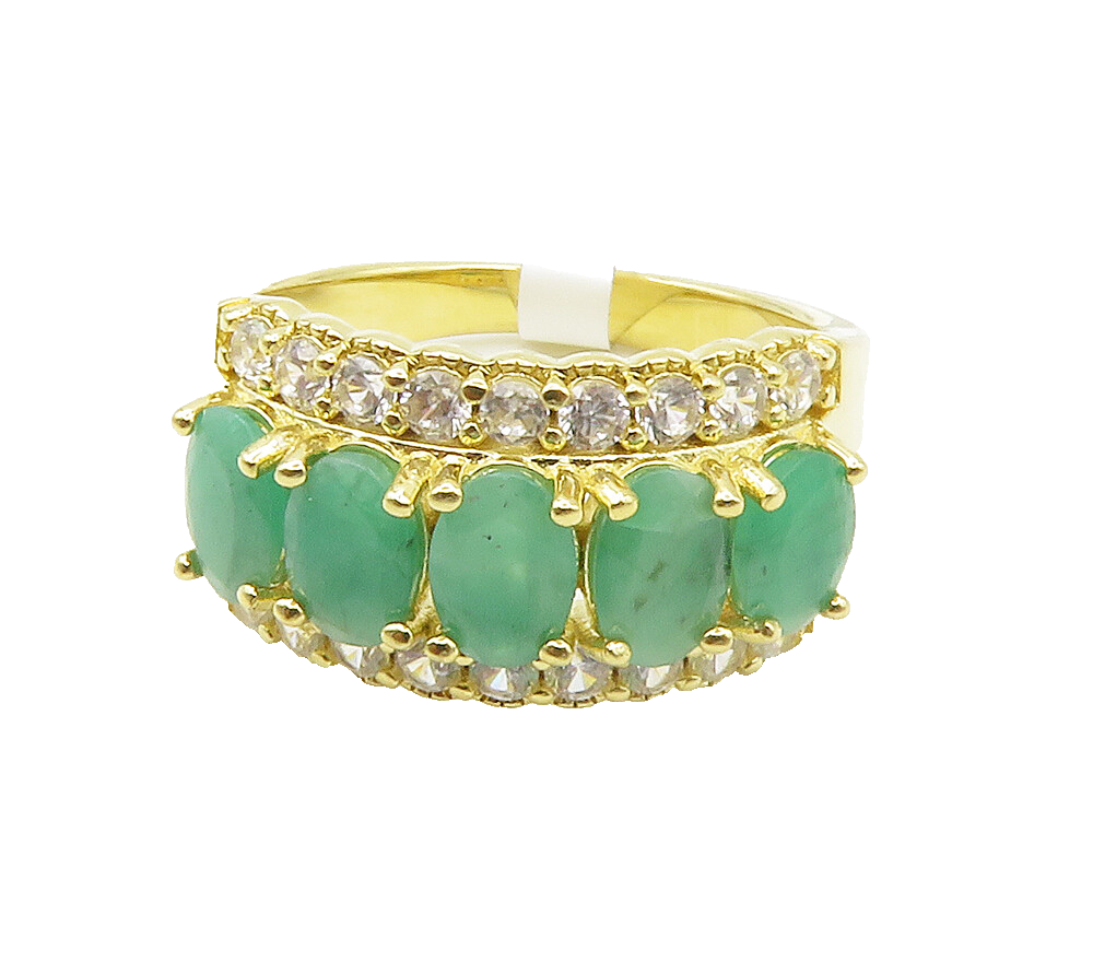 925 Sterling Silver  Emerald & Topaz Shiny Gold Plated Band Ring Sz 7  RG15252