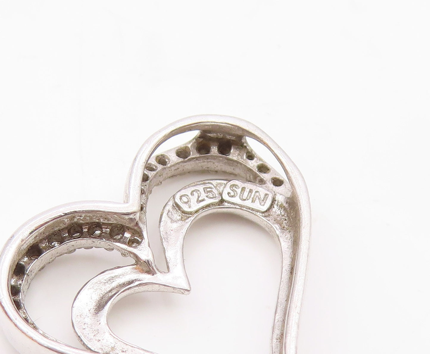 925 Sterling Silver  Vintage Genuine Diamonds Open Love Heart Pendant  PT16261