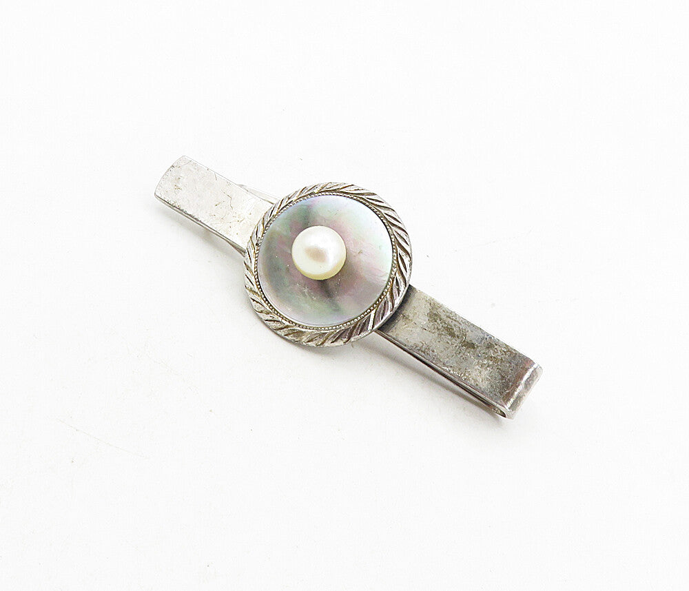 925 Sterling Silver  Vintage Mother Of Pearl & Petite Pearl Tie Clip  TR1548