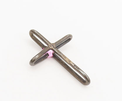 MEXICO 925 Sterling Silver  Vintage Solid Cross With Pink CZ Pendant  PT22303