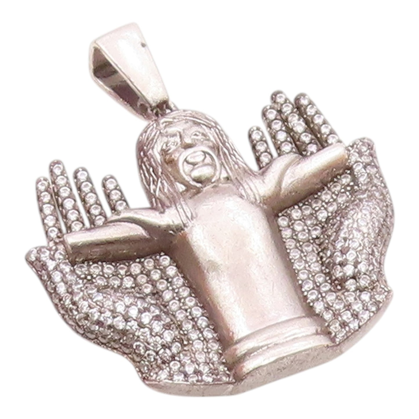 925 Sterling Silver  Vintage Cubic Zirconia Jesus Cross Hands Pendant  PT14436