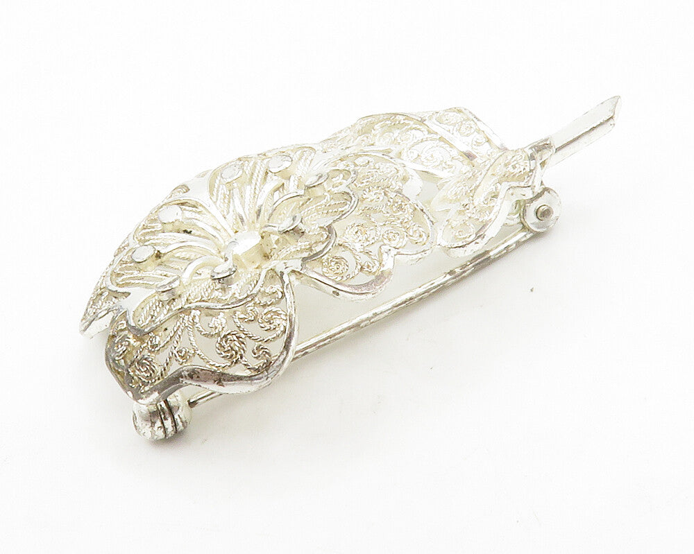 GERMANY 925 Silver  Vintage Shiny Filigree Detailed Flower Brooch Pin  BP5167