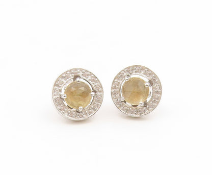 925 Sterling Silver Vintage Earrings Citrine & Halo Real Diamonds Stud  EG14149