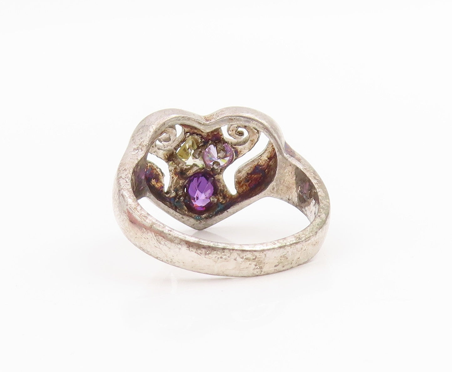 925 Sterling Silver Vintage Ring Multi Gemstone Openwork Heart Band Sz 6 RG33795