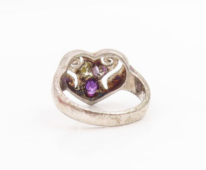 925 Sterling Silver Vintage Ring Multi Gemstone Openwork Heart Band Sz 6 RG33795