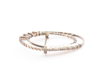 925 Sterling Silver Vintage Brooch Pin Modern Wire Wrapped Pearl Circle  BP12594