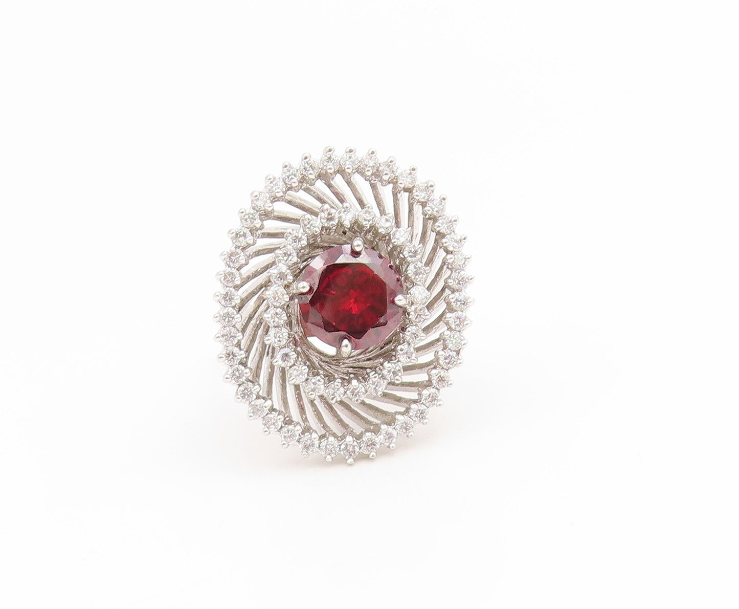 925 Sterling Silver Vintage Ring Red & White CZ Statement Band  Sz 9  RG35199