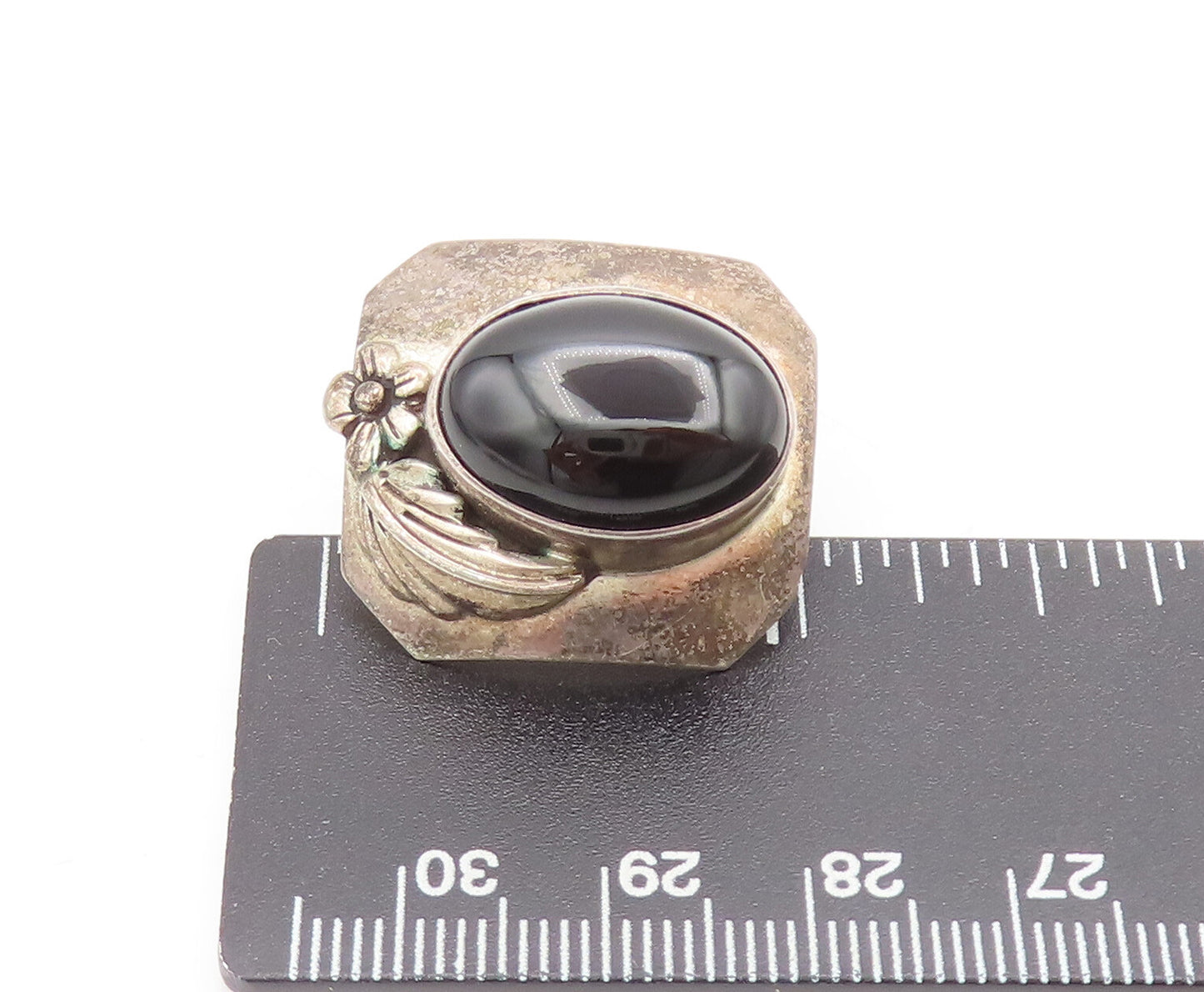 NAVAJO 925 Sterling Silver Vintage Leafed Flower Large Onyx Earrings  EG12649