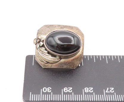 NAVAJO 925 Sterling Silver Vintage Leafed Flower Large Onyx Earrings  EG12649