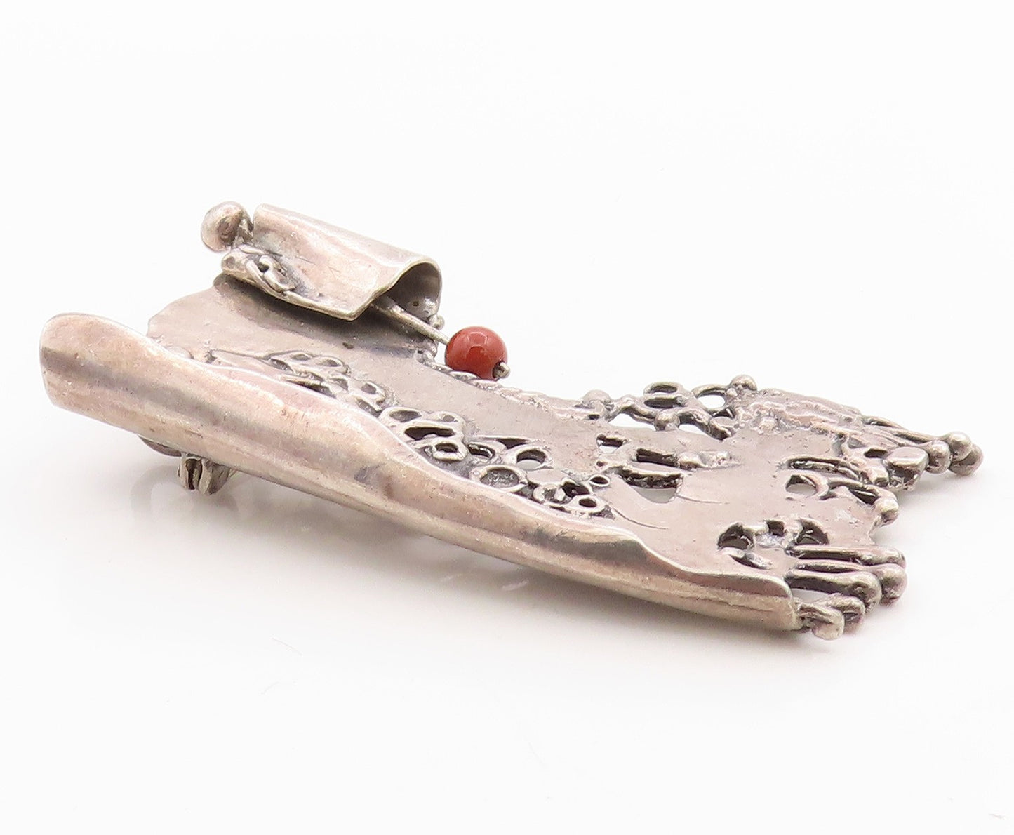 925 Sterling Silver Vintage Brooch Modernist Artisan Designed Red Bead  BP11802