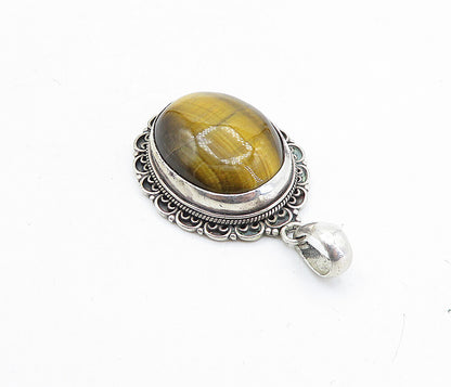 925 Sterling Silver  Vintage Cabochon Cut Tiger's Eye Wavy Pendant  PT3974