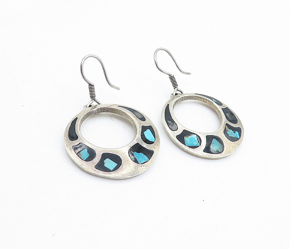 MEXICO 925 Sterling Silver Vintage Turquoise & Black Onyx Earrings EG2890