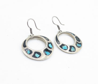 MEXICO 925 Sterling Silver Vintage Turquoise & Black Onyx Earrings EG2890