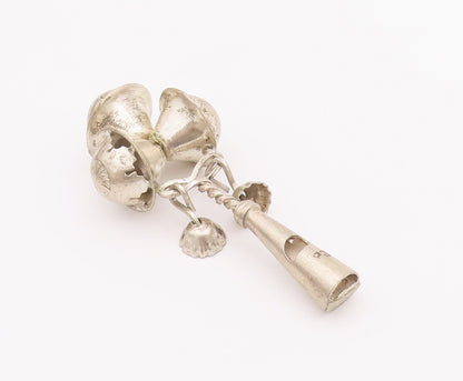 925 Sterling Silver Vintage Rattles Solid Carved 3 Rattle Head Jungles  TR3716