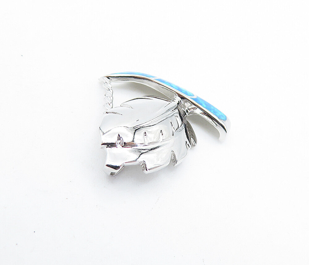 925 Sterling Silver  Blue Fire Opal Feather Sail Boat Motif Pendant  PT5058