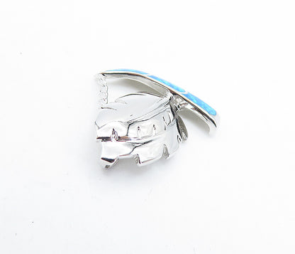 925 Sterling Silver  Blue Fire Opal Feather Sail Boat Motif Pendant  PT5058