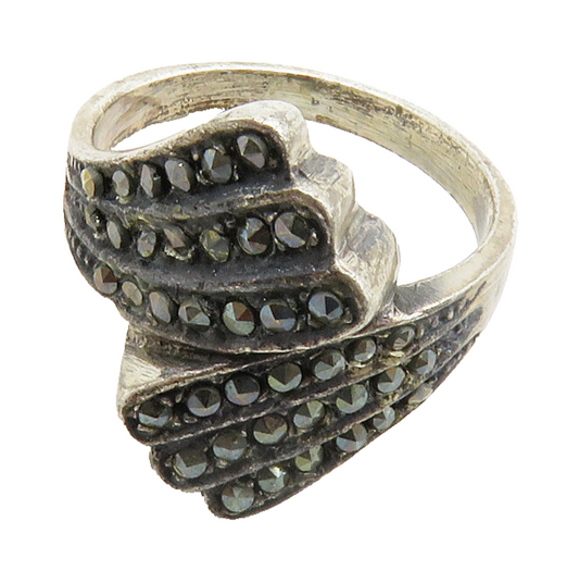 925 Sterling Silver  Vintage Marcasite Bypass Design Band Ring Sz 5.5  RG13201