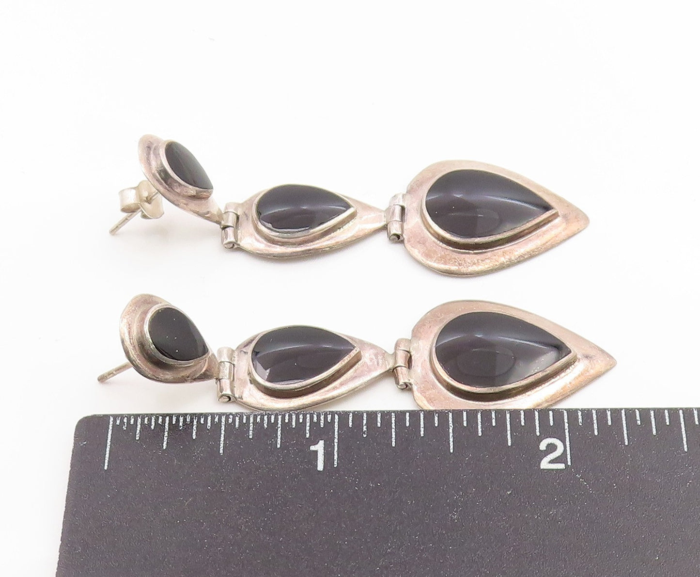 925 Sterling Silver Vintage Earrings Cabochon Black Onyx Teardrop Dangle EG14209