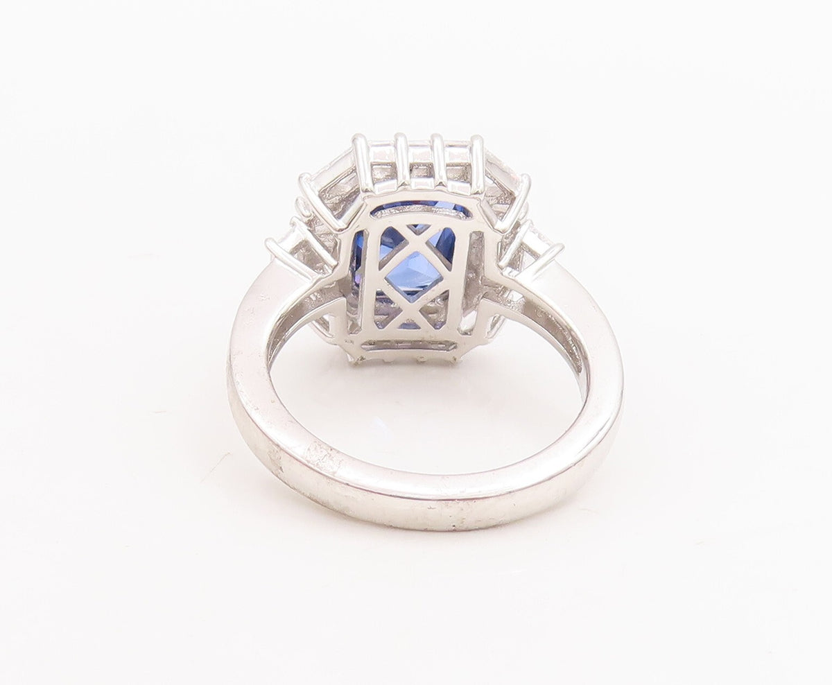 925 Sterling Silver Vintage Ring Rectangle Sapphire Halo CZ  Sz 7.5  RG29041