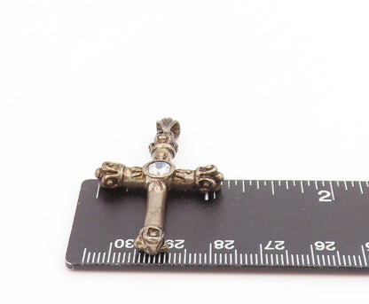 925 Sterling Silver Vintage Pendant Round CZ Bold Religious Cross Charm  PT25830