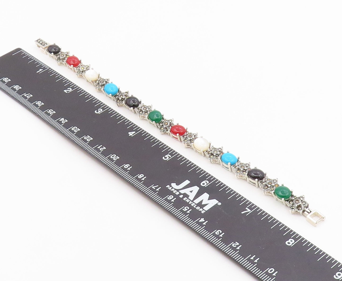 925 Silver  Vintage Turquoise Mother Of Pearl Onyx & Carnelian Bracelet BT3680