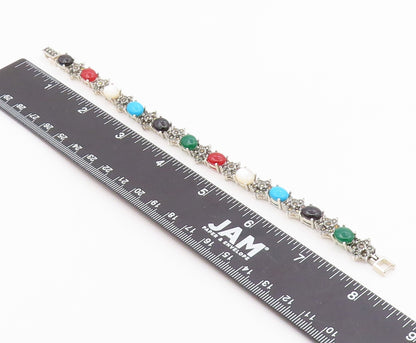 925 Silver  Vintage Turquoise Mother Of Pearl Onyx & Carnelian Bracelet BT3680